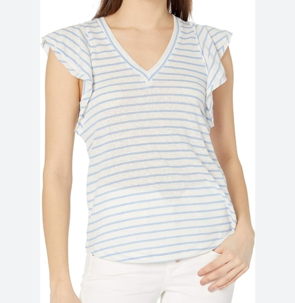 💚5/$25 Ella Moss Blue & White Gemma Striped V-Neck Top Ruffle Flutter Sleeve XL